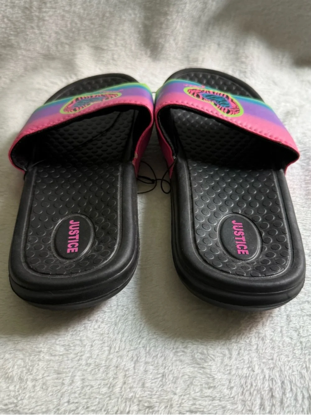 Justice Girls Black Slide‎ with Zebra-Print Heart and Rainbow Accents 6-7